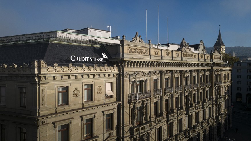 The headquarters of Swiss bank Credit Suisse is pictured in this photo taken with a drone in Zurich, Switzerland on Thursday, October 27, 2022. Credit Suisse announced on October 27, a restructuring p ...
