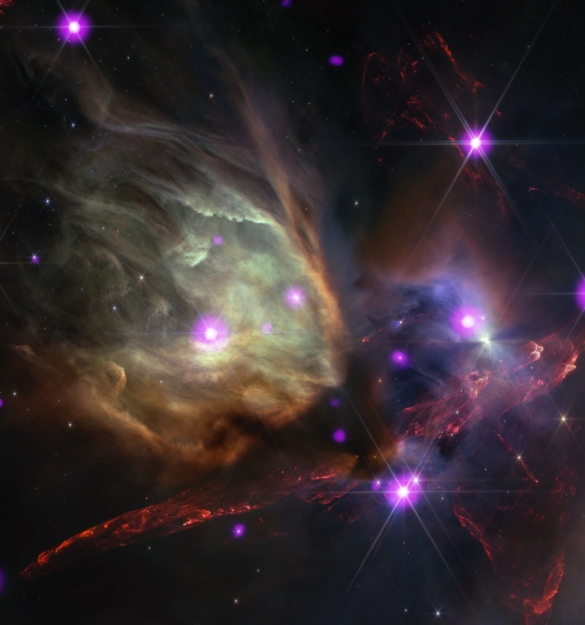 This is a composite image from NASA's Chandra X-ray Observatory and the James Webb Space Telescope. Pictured is Rho Ophiuchi, at a distance of about 390 light-years from Earth. Rho Ophiuchi is a  ...