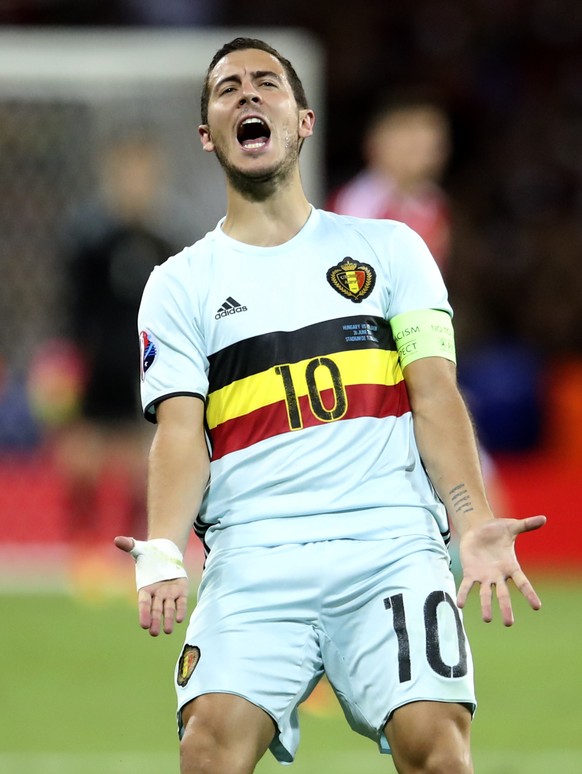 Belgium&#039;s Eden Hazard reacts during the Euro 2016 round of 16 soccer match between Hungary and Belgium, at the Stadium municipal in Toulouse, France, Sunday, June 26, 2016. (AP Photo/Petr David J ...