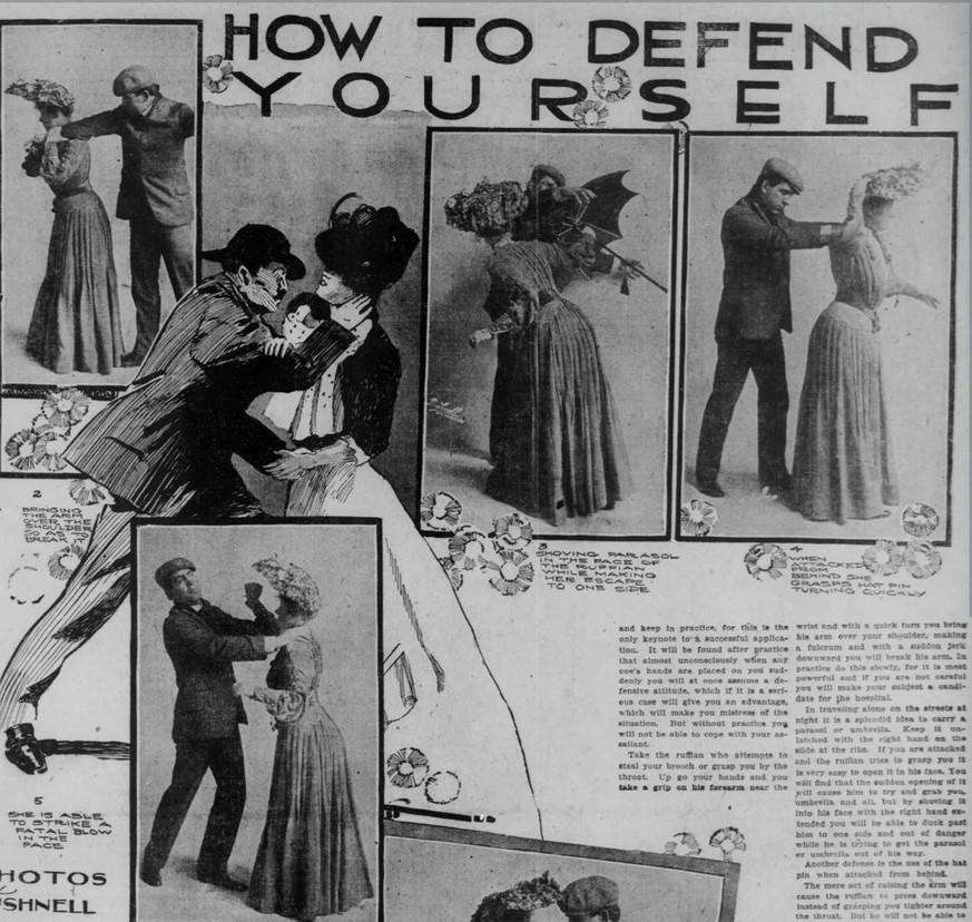 Ein Artikel zur Selbstverteidigung für die Frau von 1904 im San Francisco Sunday Call vom 21. August 1904 empfiehlt neben dem Einsatz von einem Schirm auch das Verwenden der Hutnadel, um sich bei über ...