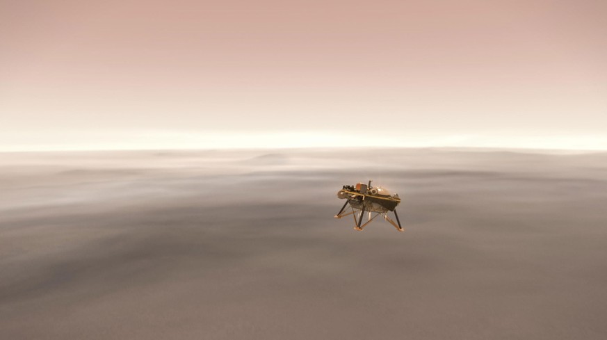 This illustration shows a simulated view of NASA&#039;s InSight lander firing retrorockets to slow down as it descends toward the surface of Mars.