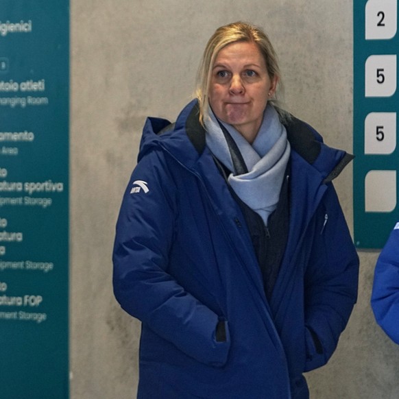 International Olympic Committee President Kirsty Coventry stands at the start house of the sliding center at the 2026 Winter Olympics, in Cortina d'Ampezzo, Italy, Thursday, Feb. 12, 2026. (AP Ph ...