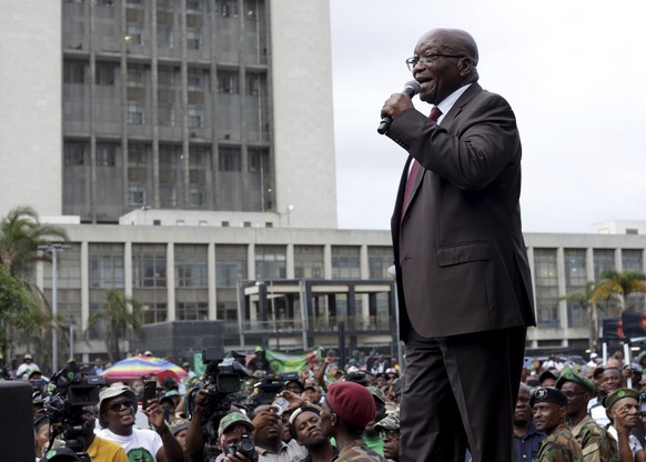 FILE - Former South African President Jacob Zuma addresses supporters of the newly formed uMkhonto weSizwe Party (MK Party) in Durban, South Africa, Wednesday, March 27, 2024. South African police are ...