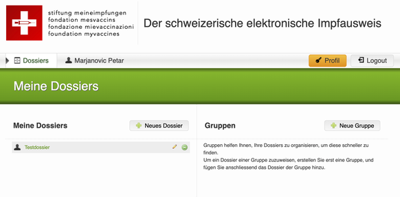 Screenshot der Webseite MeineImpfungen.ch (Elektronischer Impfausweis).