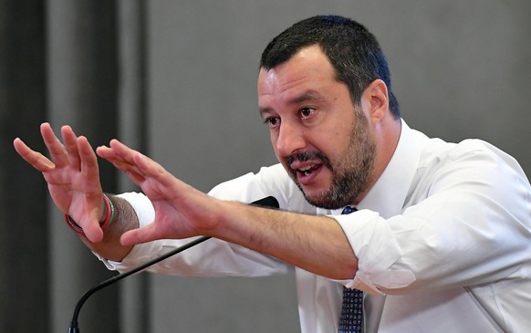 Italian Interior Minister Matteo Salvini talks during a press conference at the Interior Ministry headquarters, Monday, June 25, 2018 (Ettore Ferrari/ANSA via AP)