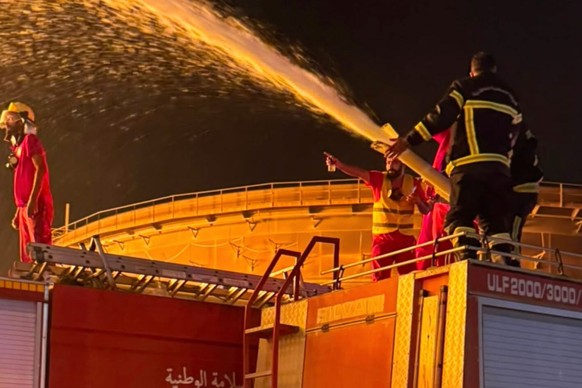 Firefighters work to contain a fire at the Zawiya oil refinery following a drone strike in Zawiya, Libya, Tuesday, Aug. 11, 2026. (Libyan Fire Department via AP)
Libya Refinery Fire