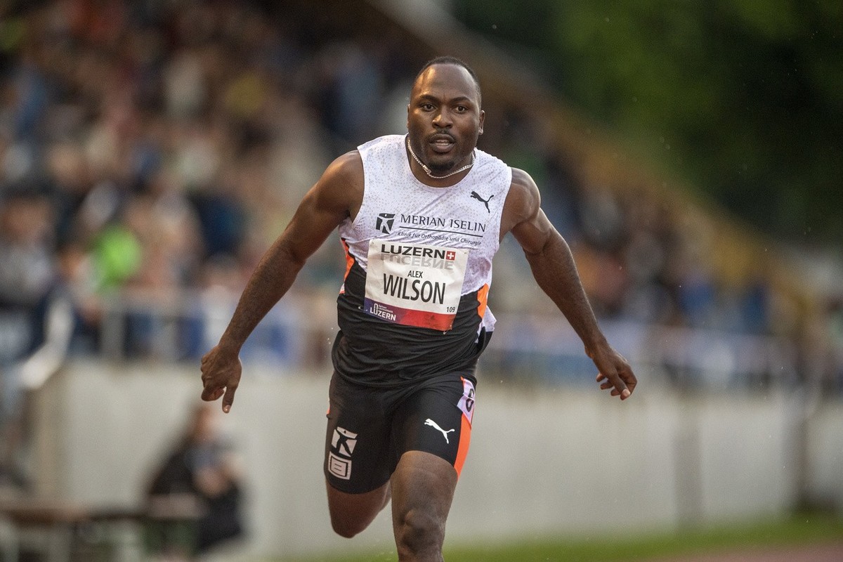 Alex Wilson from Switzerland during the Men 100m race at the International Athletics Meeting in Lucerne, Switzerland, Tuesday, June 29, 2021. (KEYSTONE/Urs Flueeler)