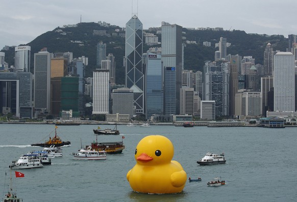 Die Riesenente des holländischen Künstlers Florentijn Hofman im Victoria Harbour in Hongkong (02.05.2013).&nbsp;