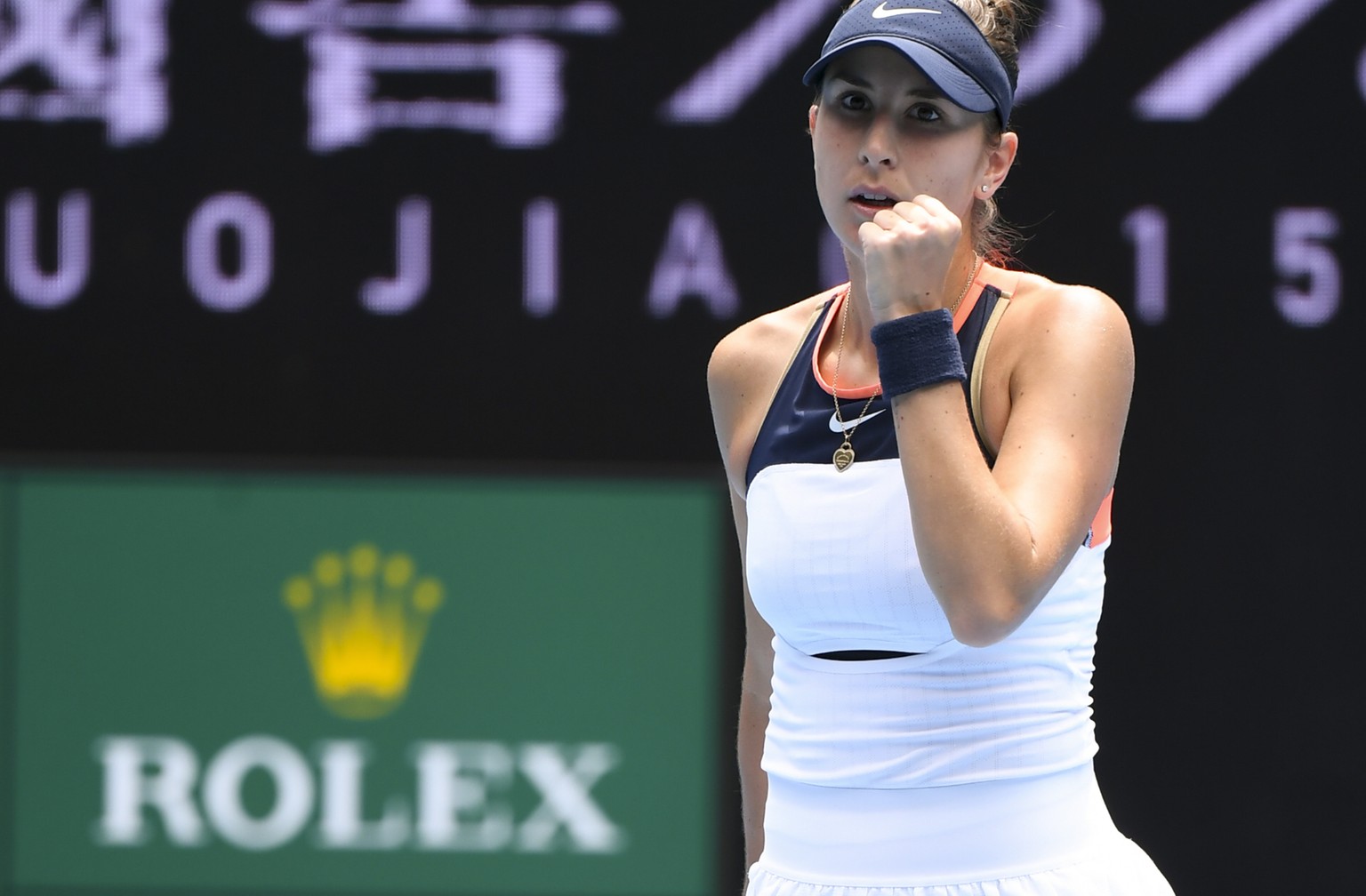 epa09002683 Belinda Bencic of Switzerland celebrates after winning her second Round Women&#039;s singles match against Svetlana Kuznetsova of Russia on Day 4 of the Australian Open Grand Slam tennis t ...