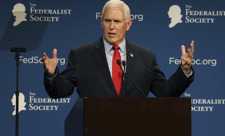 Former Vice President Mike Pence speaks at the Florida chapter of the Federalist Society&#039;s annual meeting at Disney&#039;s Yacht Club resort in Walt Disney World on Friday, Feb. 4, 2022, in Orlan ...