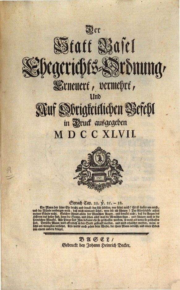 Die Ehegerichtsordnung der Stadt Basel von 1747 billigte als Ehescheidungsgründe nur Ehebruch und «mutwillige Verlassung».
https://www.digitale-sammlungen.de/de/view/bsb10488914?page=4,5