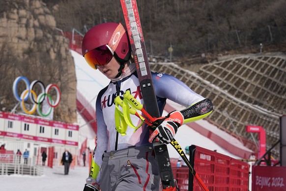Mikaela Shiffrin of the United States walks from the finish area after a training run at the 2022 Winter Olympics, Thursday, Feb. 10, 2022, in the Yanqing district of Beijing. Two-time Olympic champio ...