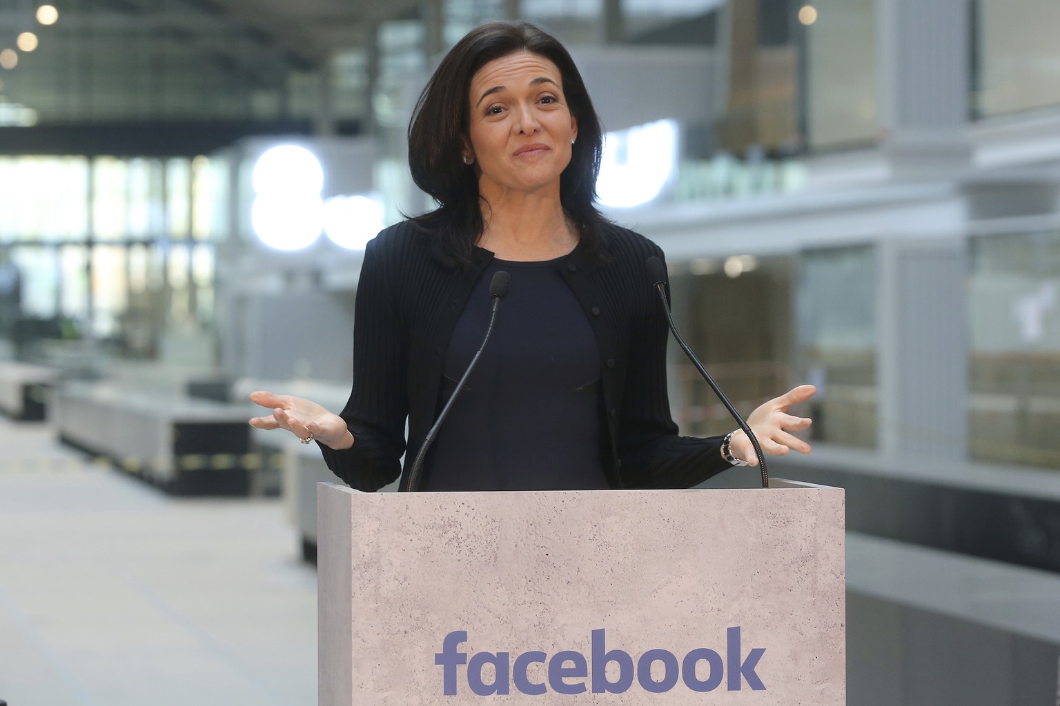FILE - In this Jan. 17, 2017, file photo, Chief Operating Officer of Facebook, Sheryl Sandberg, delivers a speech during the visit of a start-up companies gathering at Paris&#039; Station F in Paris.  ...