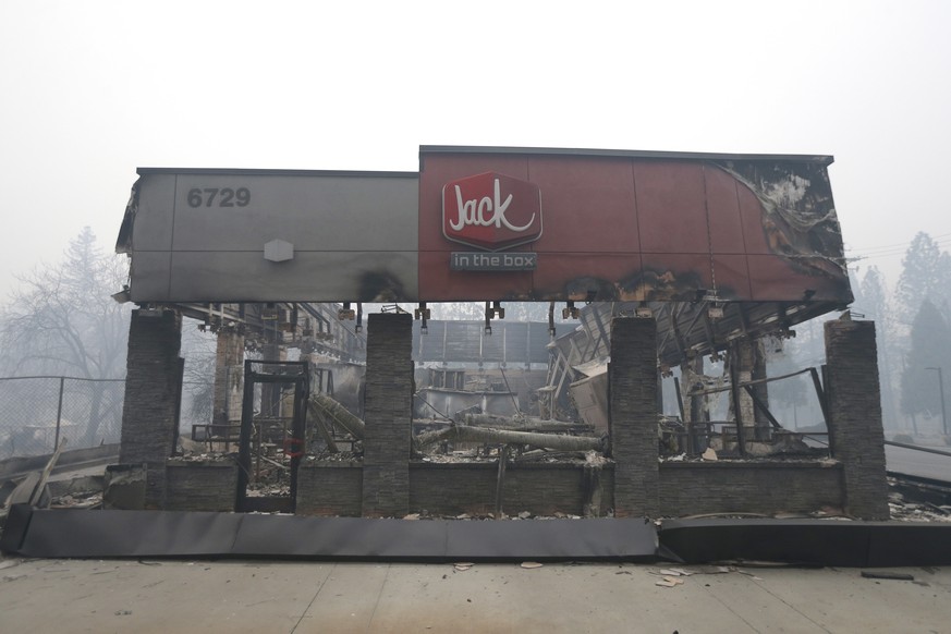 A Jack In the Box destroyed by a massive wildfire is seen Friday, Nov. 9, 2018, near Paradise, Calif. Authorities say the fire burning around the town of Paradise has become the state&#039;s most dest ...