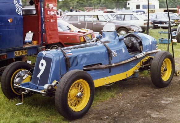 Prince Bira of Siam&#039;s English Racing Automobiles R12B racing car, &quot;Hanuman II&quot;, pictured in the national racing colours of Siam (later Thailand) of pale blue with yellow chassis and whe ...