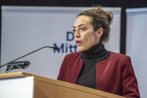 Die Generalsekretaerin der Mitte Partei Schweiz, Gianna Luzio anlaesslich der Delegiertenversammlung der Mitte Partei Schweiz vom Samstag, 24. Februar 2024 in Schwyz. (KEYSTONE/Urs Flueeler).