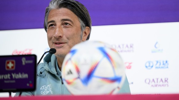 Switzerland's head coach Murat Yakin speaks during a press conference of the Swiss national soccer team on the eve of the FIFA World Cup Qatar 2022 soccer match against Cameroon at the Main Media Cent ...