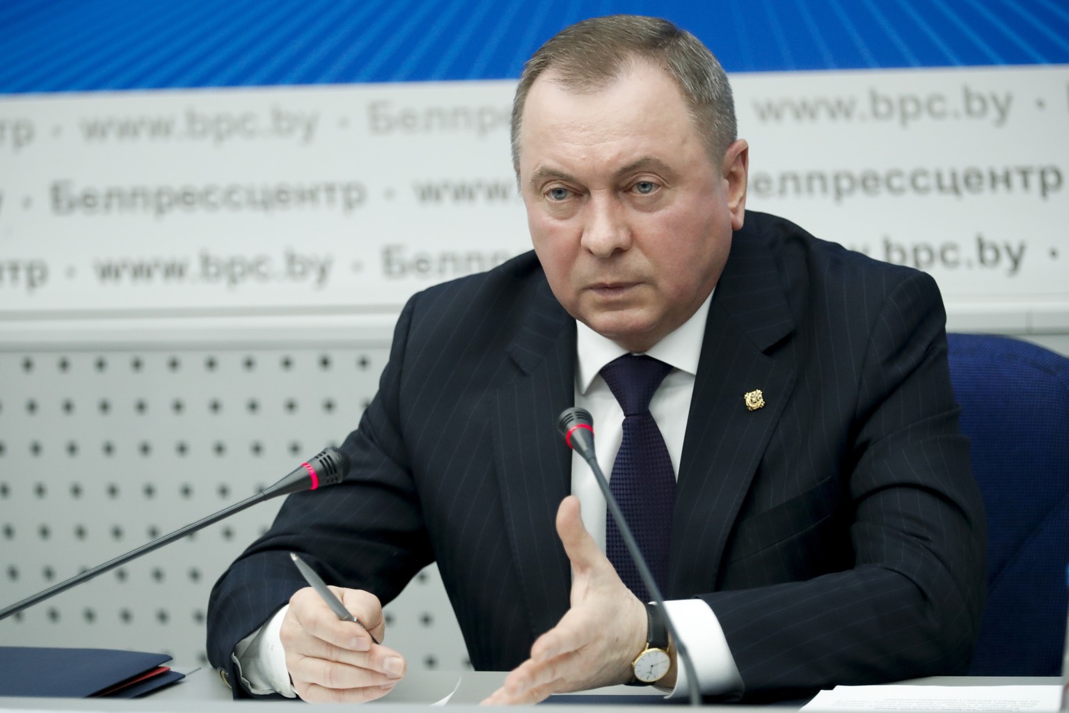 FILE - Belarusian Foreign Minister Vladimir Makei gestures while speaking during his annual news conference in Kyiv, Belarus, Wednesday, Feb. 16, 2022. Belarusian Foreign Minister Vladimir Makei, a cl ...