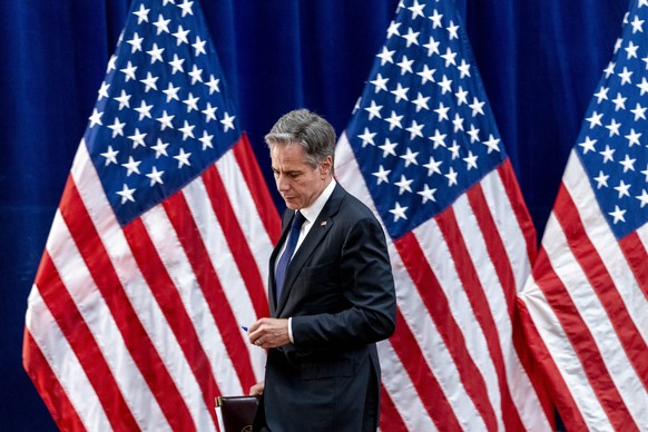 Secretary of State Antony Blinken departs a news conference at Raffles Hotel Le Royal in Phnom Penh, Cambodia, Friday, Aug. 5, 2022. Blinken is on a ten-day trip to Cambodia, Philippians, South Africa ...