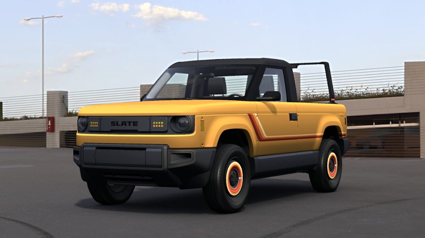 Den Slate-EV-Truck kann man individuell konfigurieren. So sehen die watson-Trucks aus. 
https://www.slate.auto/en/slatemaker?starterPack=blankslate