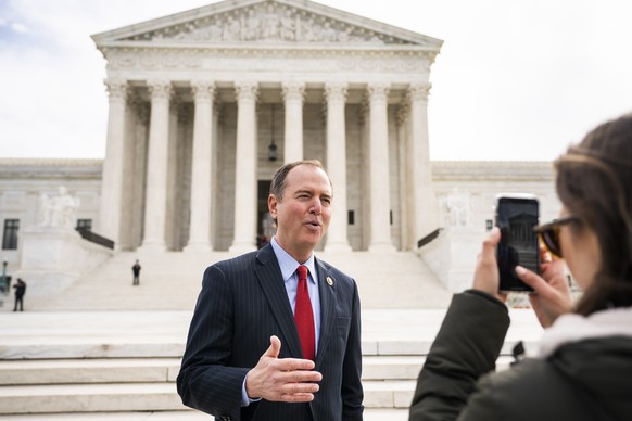 epa07480494 Democratic Representative from California Adam Schiff stands outside the Supreme Court after a Democratic event to call on the Trump administration to &#039;halt legal assault on Americans ...