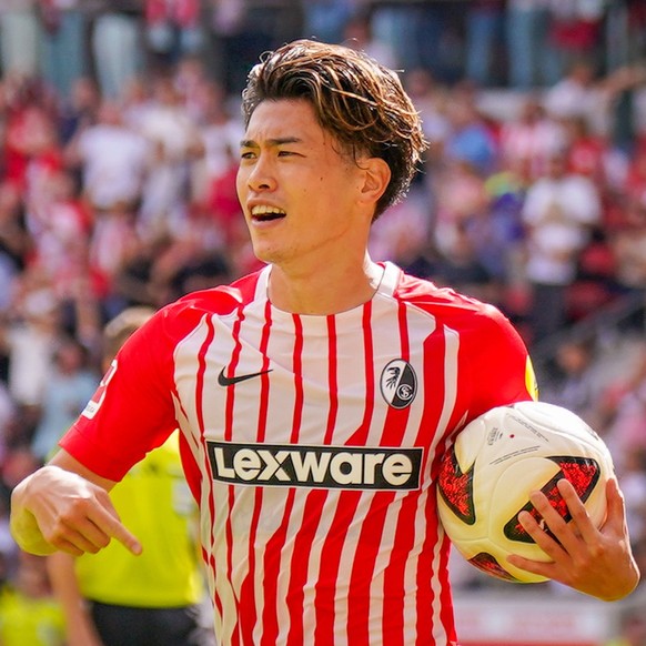 Deutschland: Fussball Bundesliga Saison 2026 - 2027, 1. Spieltag - SC Freiburg vs Werder Bremen - Europa Park Stadion Freiburg: Yuito Suzuki SC Freiburg, 14 Tor und Torjubel, Freude, Emotionen, Jubel, ...