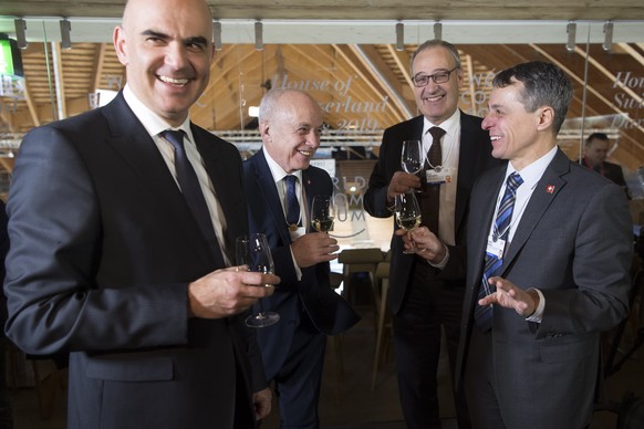 Swiss Federal Councillor Alain Berset, Swiss Federal President Ueli Maurer, Swiss Federal Councillor Guy Parmelin and Swiss Federal Councillor Ignazio Cassis pose during the opening of The House of Sw ...