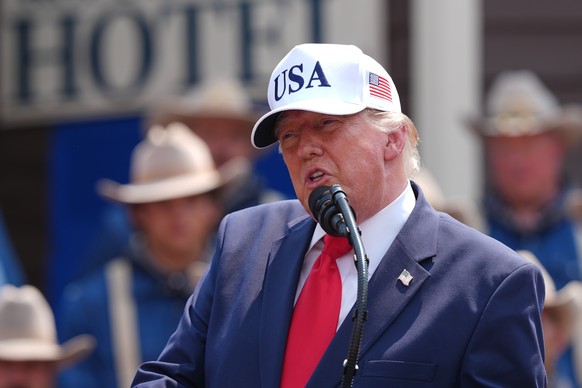 President Donald Trump speaks at Burning Hills Amphitheatre during the Theodore Roosevelt Presidential Library opening ceremony, Wednesday, July 1, 2026, in Medora, N.D. (AP Photo/Julia Demaree Nikhin ...