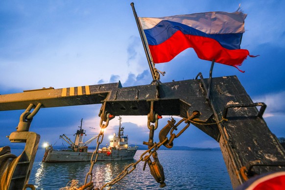 Russia: Commercial fishing for Alaska pollock in Russia s Primorye Region RUSSIA, PRIMORYE REGION - MARCH 19, 2024: A flag of the Russian Federation waves aboard a trawler of the Dobroflot fishing com ...