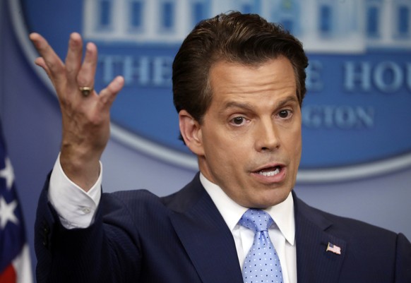 FILE - In this July 21, 2017, file photo, White House communications director Anthony Scaramucci gestures as he answers a question during a press briefing in the Brady Press Briefing room of the White ...