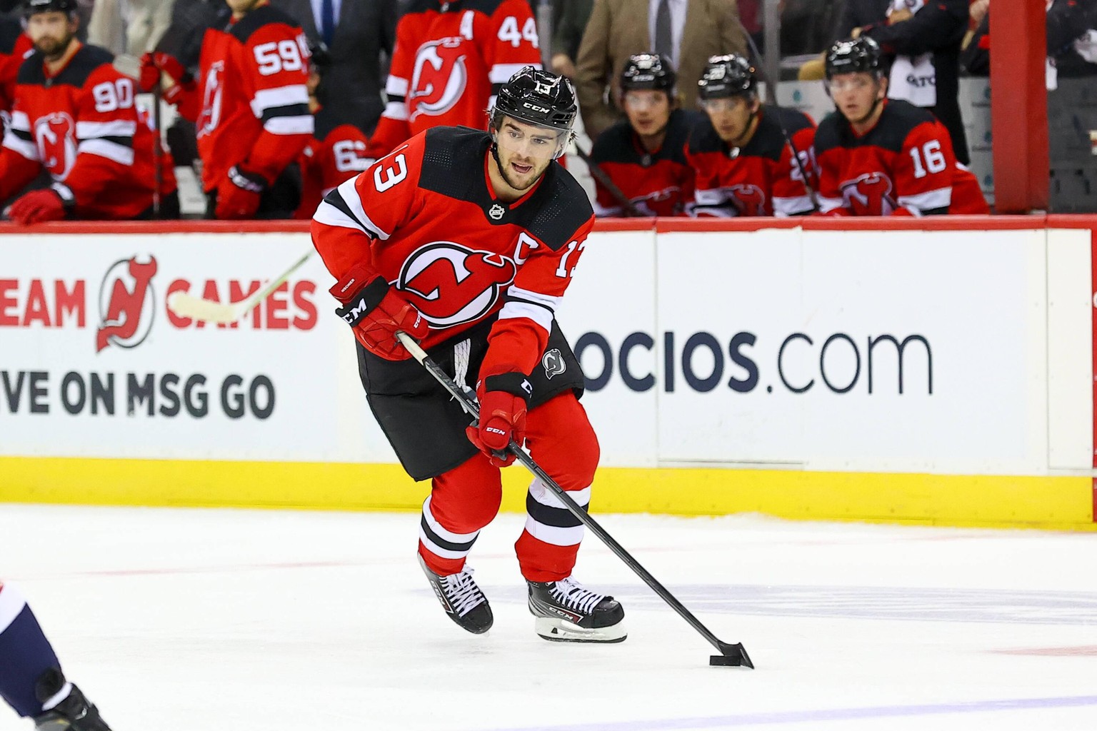 NEWARK, NJ - OCTOBER 04: New Jersey Devils center Nico Hischier (13) skates during the first period of the pre-season National Hockey League game between the New Jersey Devils and the Washington Capit ...