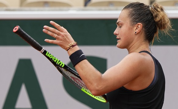 Belarus&#039;s Aryna Sabalenka reacts after losing a point against Russia&#039;s Anastasia Pavlyuchenkova during their third round match on day 6, of the French Open tennis tournament at Roland Garros ...