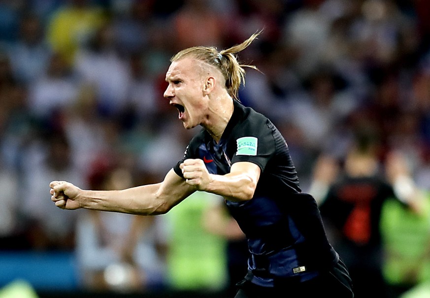 epa06872275 Domagoj Vida of Croatia celebrates the 1-1 goal during the FIFA World Cup 2018 quarter final soccer match between Russia and Croatia in Sochi, Russia, 07 July 2018.

(RESTRICTIONS APPLY: ...