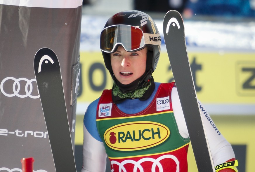 Switzerland&#039;s Lara Gut-Behrami reacts in the finish area following her run in the women&#039;s World Cup Super-G ski race in Lake Louise, Alberta, on Sunday, Dec. 5, 2021. (Frank Gunn/The Canadia ...