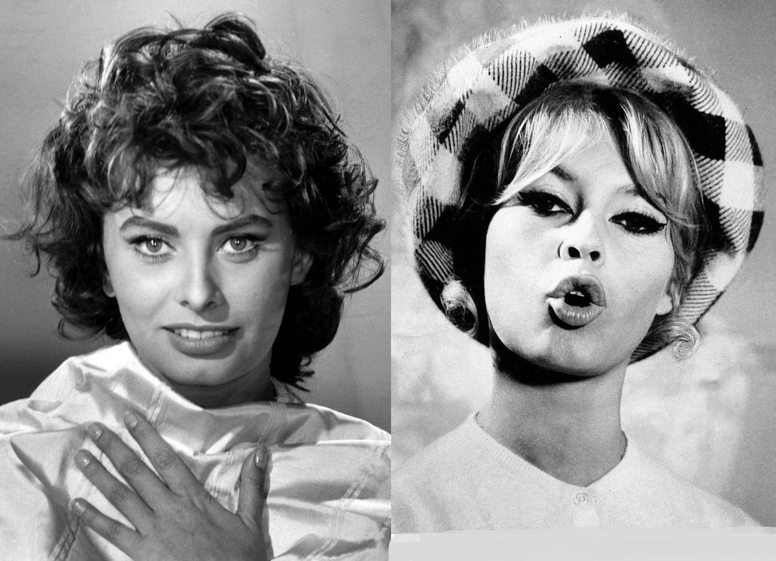 Links: Sophia Loren in der Maske zum Film «Legend of the Lost», 1957,&nbsp;rechts: Brigitte Bardot mit einem Hut vom Stylist Jean Barthet, 1961.