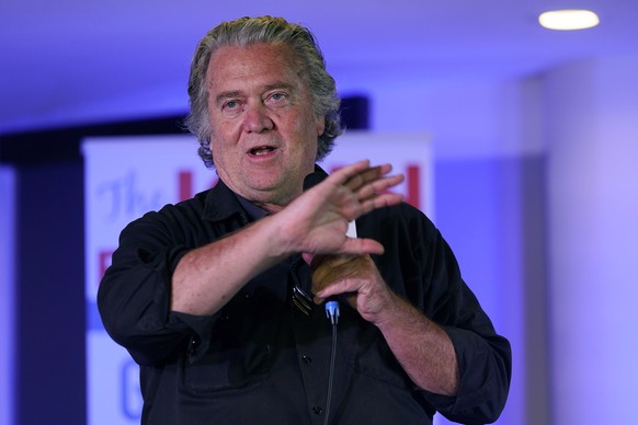 Political strategist Steve Bannon gestures during a speech during an election rally in Richmond, Va., Wednesday, Oct. 13, 2021. Conservative radio host John Fredericks, a former Trump campaign chairma ...