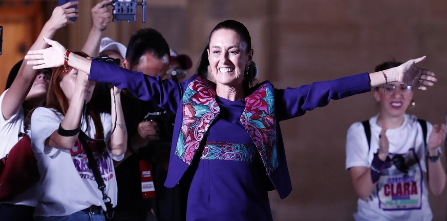 epa11386739 Mexico&#039;s presidential candidate Claudia Sheinbaum reacts during a press conference after the general elections in Mexico City, Mexico, 03 June 2024. Sheinbaum, a climate scientist and ...