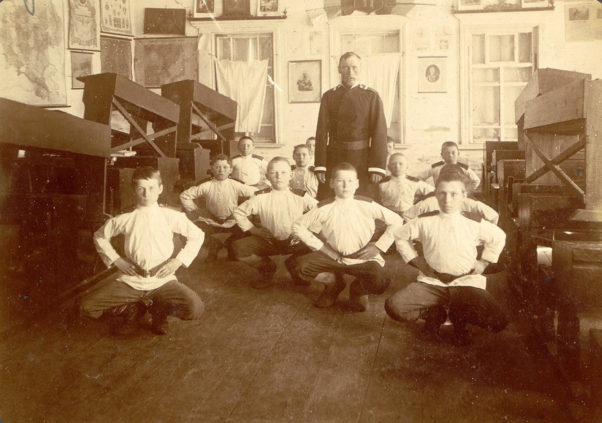 RECORD DATE NOT STATED School Gymnastics, 1909. This image is from Tipy kazakov: Sibirskie kazaki na sluzhbe i doma Types of Cossacks: Siberian Cossacks on duty and at home, one of three albums depict ...