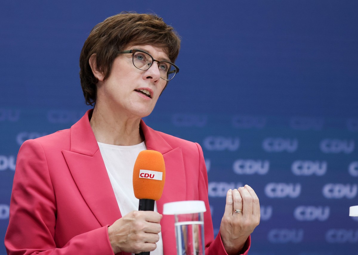 epa09459431 German Defence Minister Annegret Kramp Karrenbauer speaks during a press conference as the Christian Democratic Union (CDU) party presents their 'Agenda for a Safe Germany' campa ...