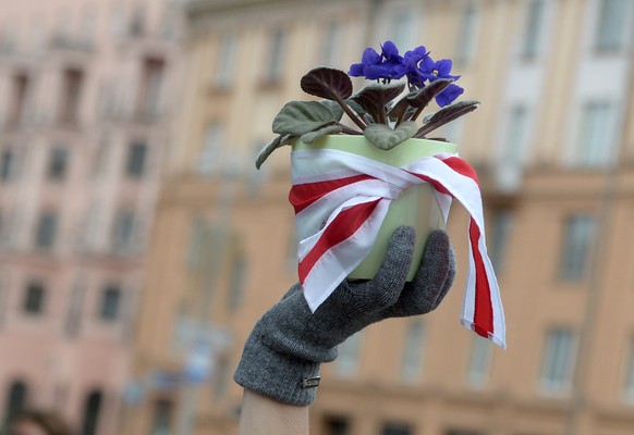 Zeichen des friedlichen Protests: Eine Teilnehmerin am «Women's Peaceful Solidarity Action» hält eine Blume mit Flagge an einer Demonstration in Minsk in die Luft.