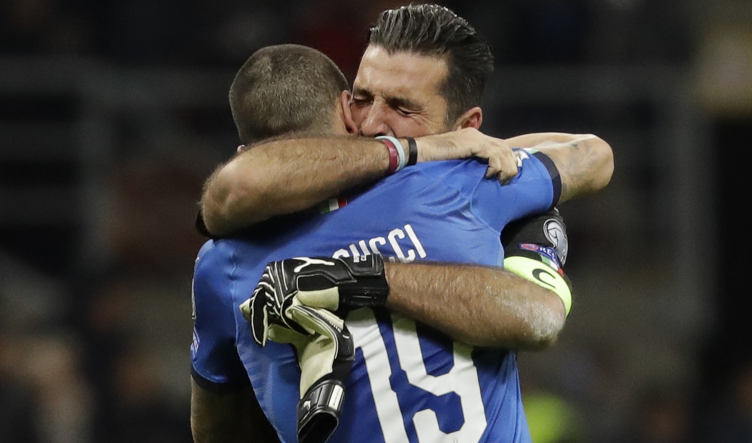 JAHRESRUECKBLICK 2017 - NOVEMBER - Italy goalkeeper Gianluigi Buffon is hugged by teammate Andrea Belotti after their team was eliminated in the World Cup qualifying play-off second leg soccer match b ...