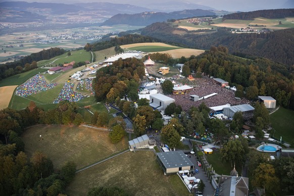 epa07728099 An aerial picture shows spectators watch Swiss band &#039;Patent Ochsner&#039; performing on the main stage during the 36th Gurten Festival in Bern, Switzerland, 19 July 2019. The open air ...