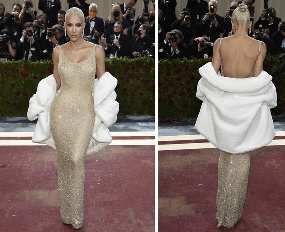 In this combination photo, Kim Kardashian attends The Metropolitan Museum of Art&#039;s Costume Institute benefit gala celebrating the opening of the &quot;In America: An Anthology of Fashion&quot; ex ...