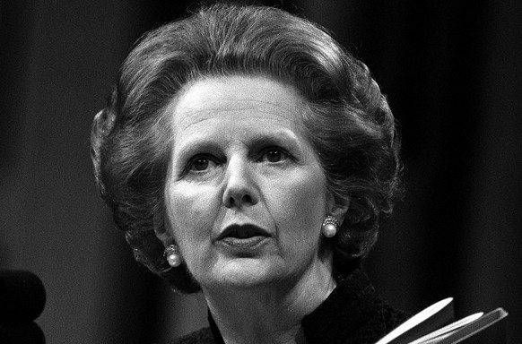 Prime Minister Margaret Thatcher addresses the 55th Annual Conservative Women &#039;s Conference at the Barbican Centre in London, May 22, 1985. Her keynote speech was on inflation.(KEYSTONE/EPA/PA/St ...