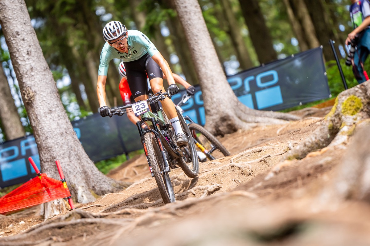 Marcel Guerrini of Switzerland, 3rd, in action during the Cross Country Men Elite, XCO, WHOOP UCI Mountain Bike World Series, on Sunday, May 26, 2024, in Nove Mesto, Czech Republic. (KEYSTONE/Maxime S ...