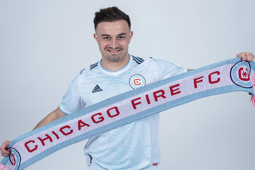 HANDOUT - .Midfielder Xherdan Shaqiri poses in the dress of the Chicago Fire Football Club of USA&#039;s Major League Soccer (MLS) in Basel, Switzerland, on Sunday, February 6, 2022. (Chicago Fire FC/ ...