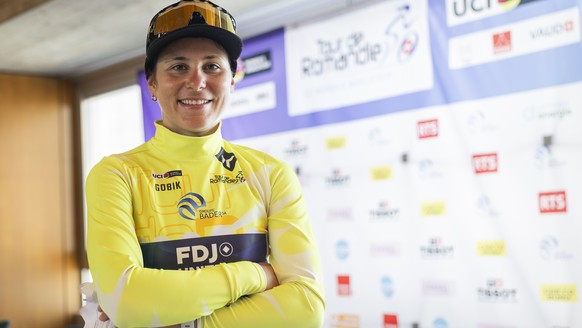 epa12306469 The winner of The Tour de Romandie Feminin Elise Chabbey from Switzerland of team FDJ - Suez, poses for the photographer after the third and last stage, a 122,1 km race around Aigle at the ...