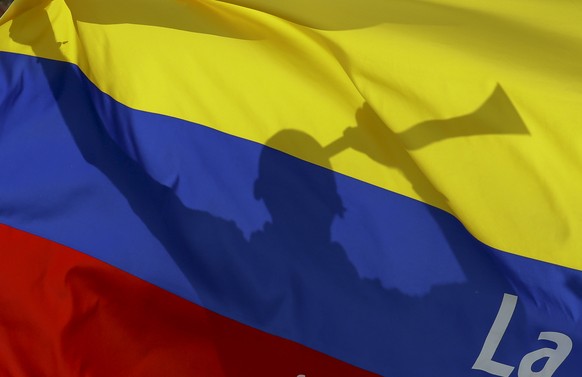 In this March 28, 2017 photo, a fan blows a horn behind a Colombian flag prior to 2018 World Cup qualifying soccer match between Colombia and Ecuador at the Atahualpa Olympic Stadium in Quito, Ecuador ...