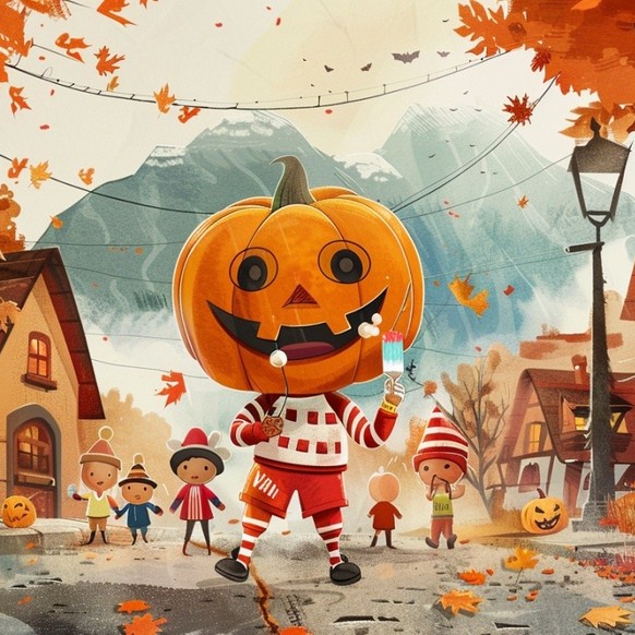 Illustrated children’s book scene showing a Halloween night in a Swiss suburb with autumn trees and fallen leaves. 
A big friendly pumpkin-headed figure wearing an orange football outfit with red and  ...