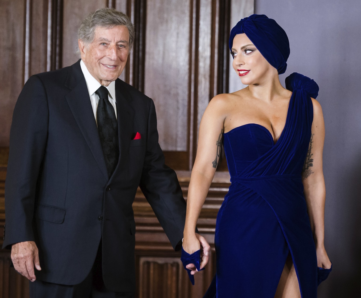 FILE- Tony Bennett, left, and Lady Gaga appear for a media event at city hall in Brussels on Sept. 22, 2014. Bennett died Friday, July 21, 2023. at age 96. (AP Photo/Geert Vanden Wijngaert, File)